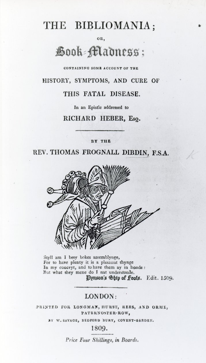 Title Page to The Bibliomania by Rev. Thomas Frognall Dibdin, published 1809 by English School