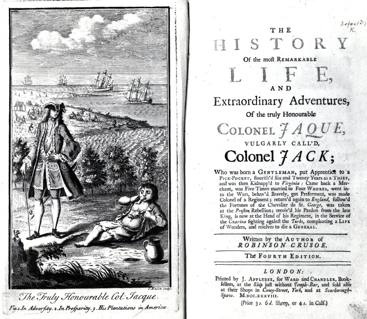 Title page and Frontispiece for The History of the most Remarkable Life and Extraordinary Adventures of the truly Honourable Colonel Jaque by Daniel Defoe, 1738 by English School