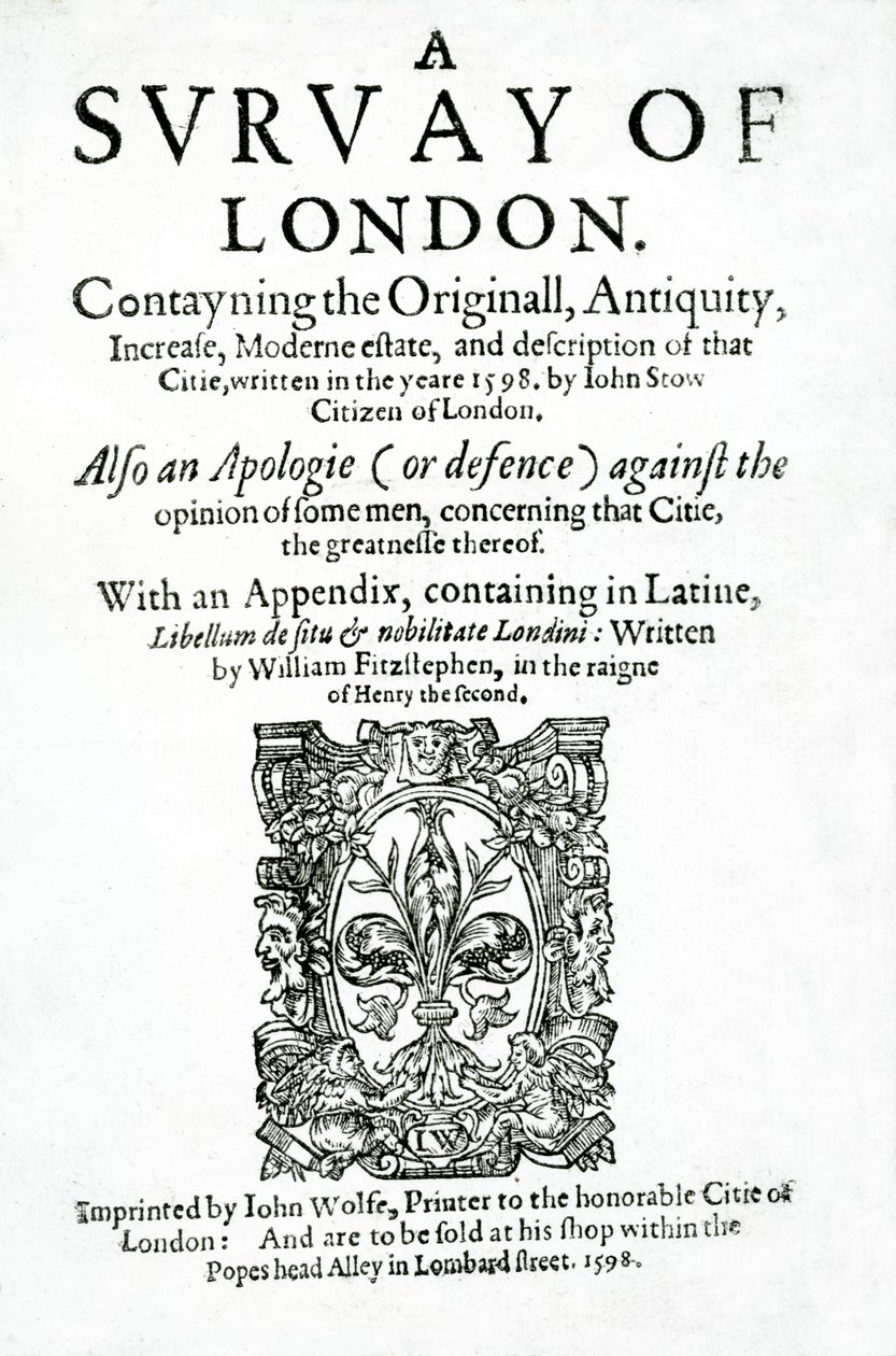 Title page to A Survey of London by John Stow, published in 1598 by English School