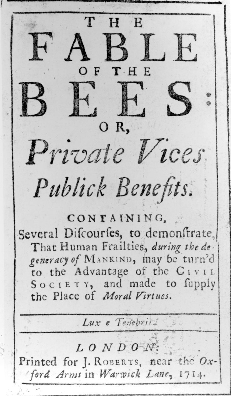 Title Page for The Fable of the Bees by Bernard de Mandeville, 1714 by English School