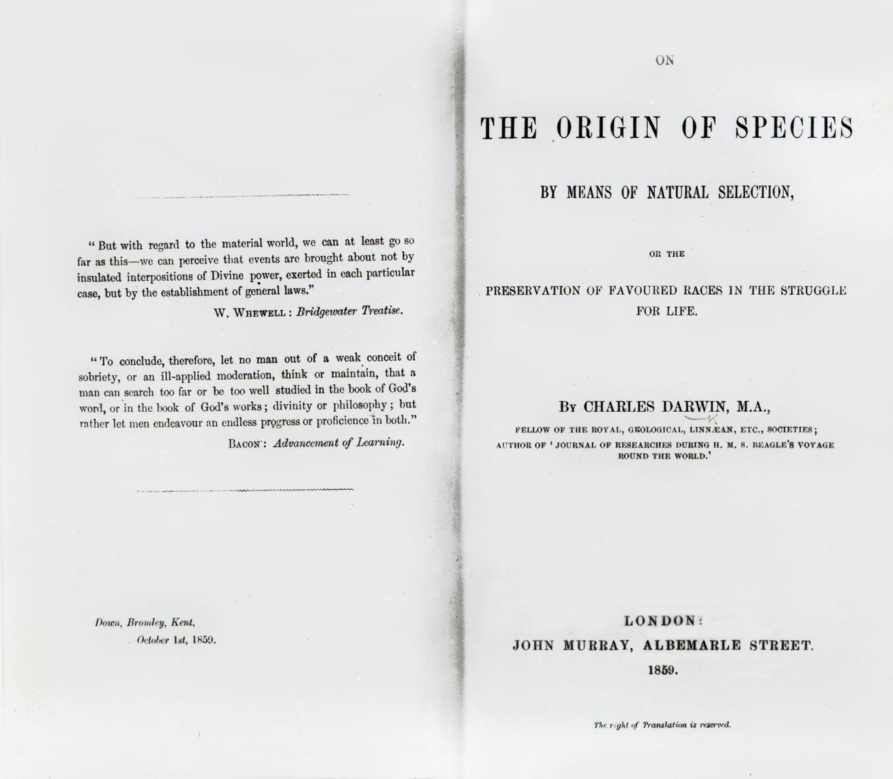 Titlepage to On the Origin of Species by Charles Darwin, Published in 1859 by English School