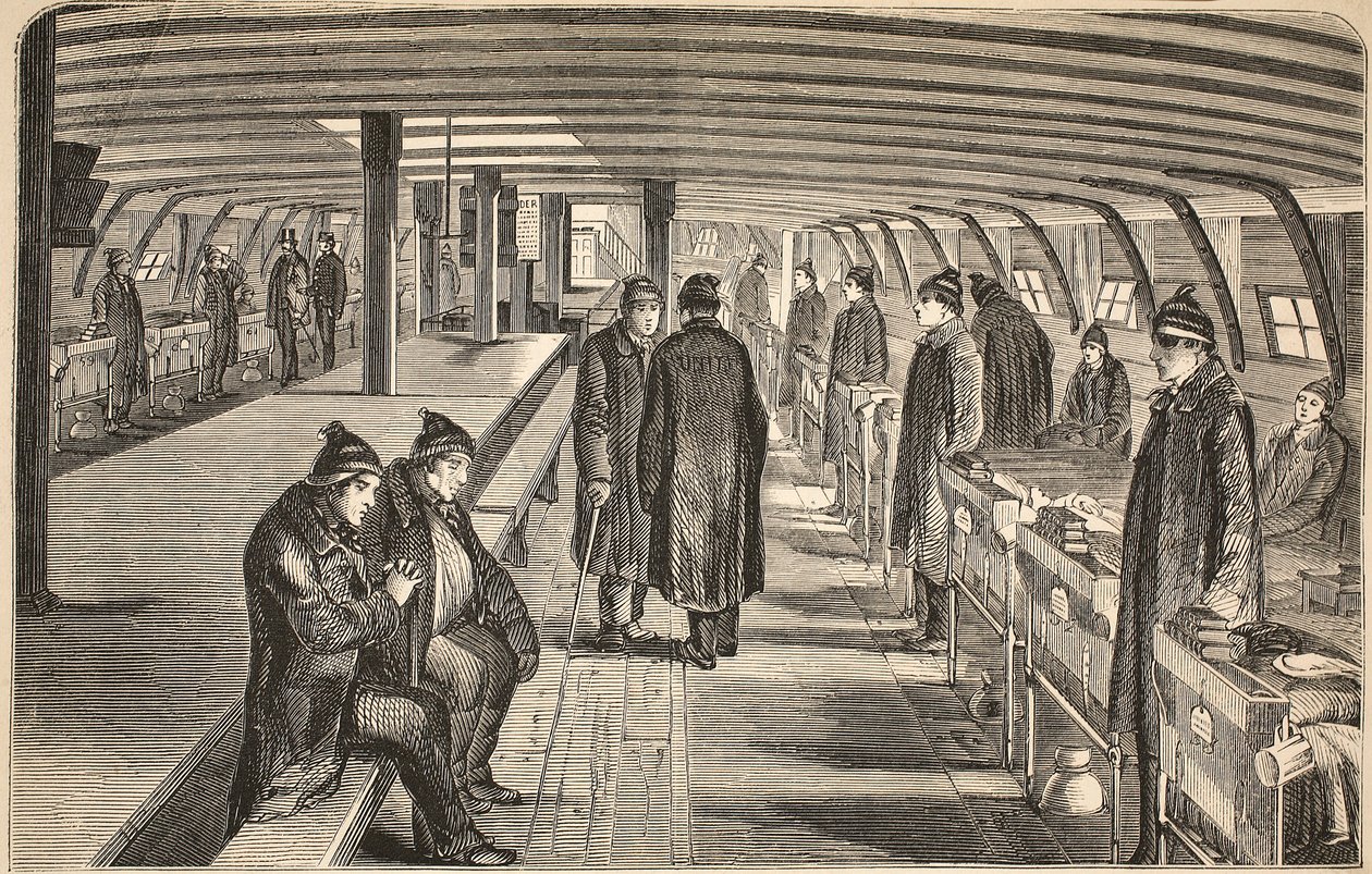Top deck of the Unite hospital ship, attached to the hulks at Woolwich, illustration from The Criminal Prisons of London and Scenes from Prison Life by Henry Mayhew and John Binny, pub. 1862 by English School
