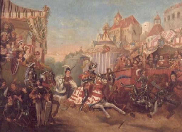 Tournament at Calais in 1416, depicting Richard, Earl of Warwick, unhorsing Collard Fynes by English School