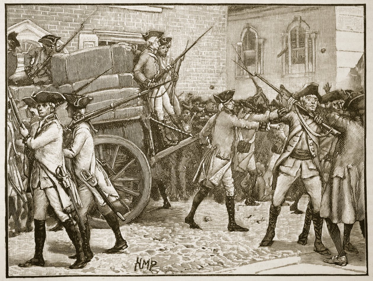 Troops escorting the stamped paper to the City Hall, New York, 1766, illustration from Cassell