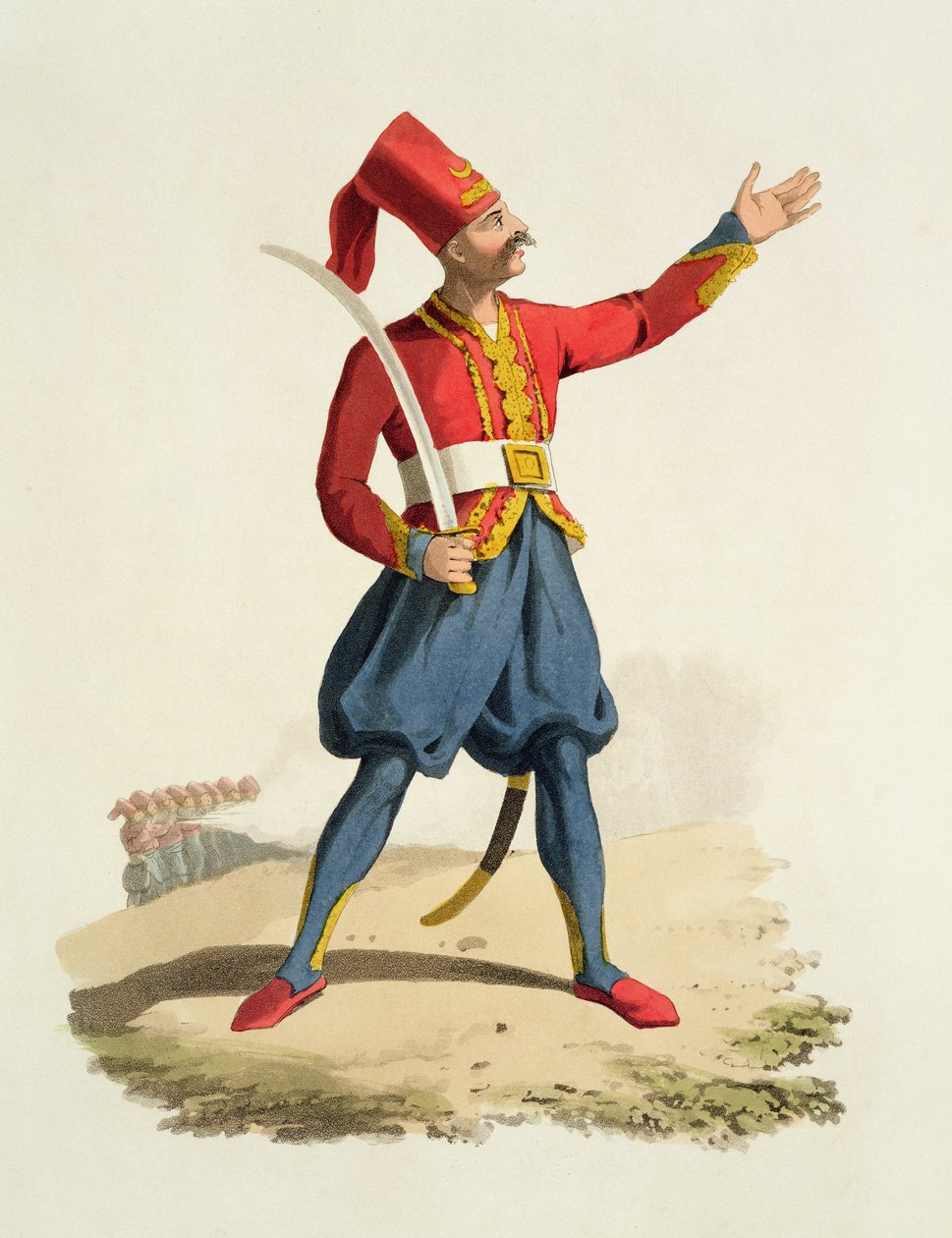 Turkish Soldier, from Costumes of the Various Nations, Volume VII, The Military Costume of Turkey, by Thomas MacLean, published c.1800-18 by English School