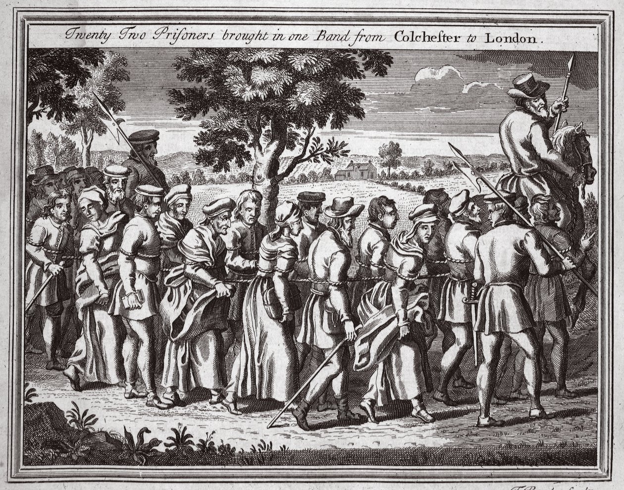 Twenty-two prisoners brought in one band from Colchester to London, illustration from Foxe