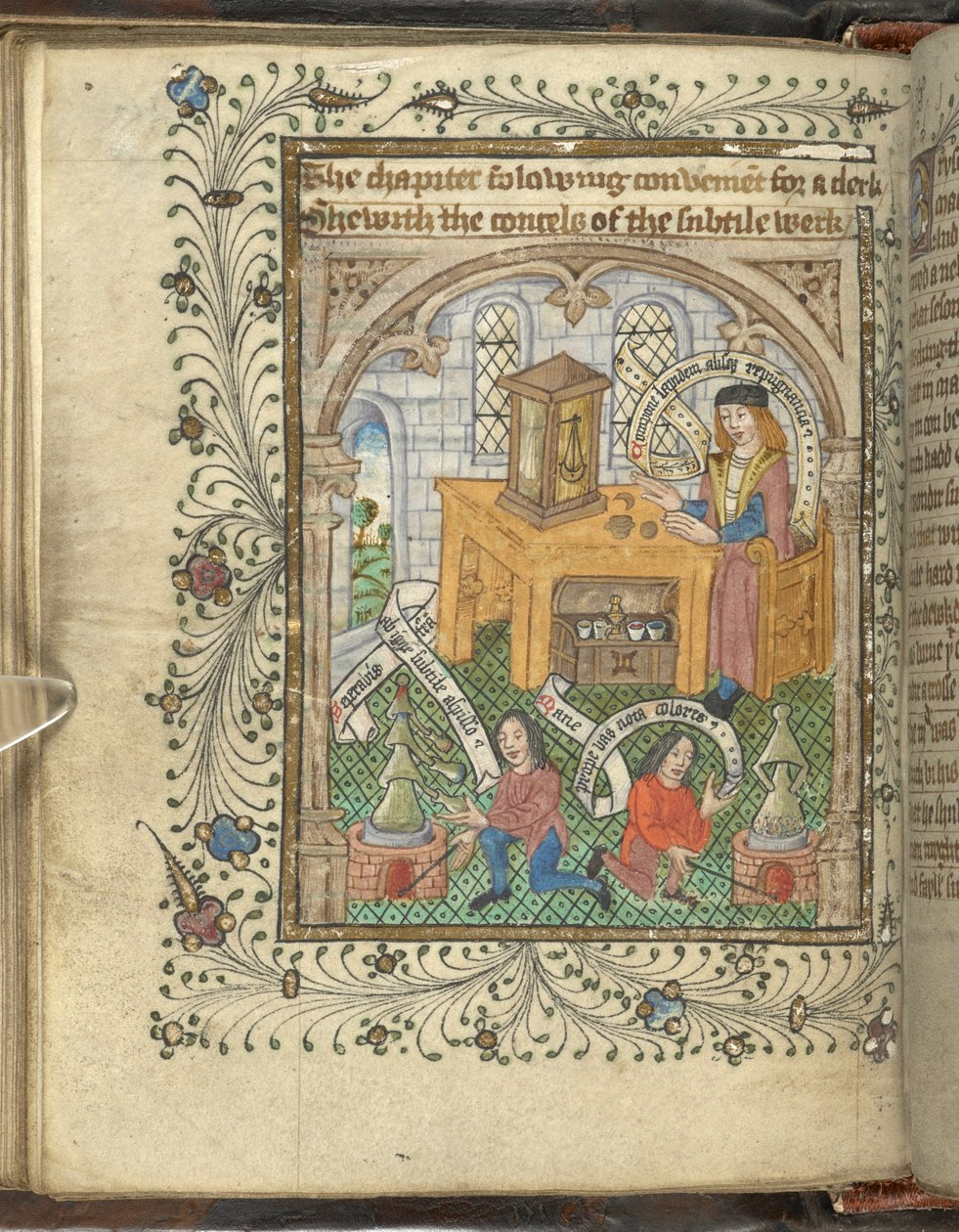 Two men tending furnaces and a robed scholar, perhaps, Norton, with alembics, from 