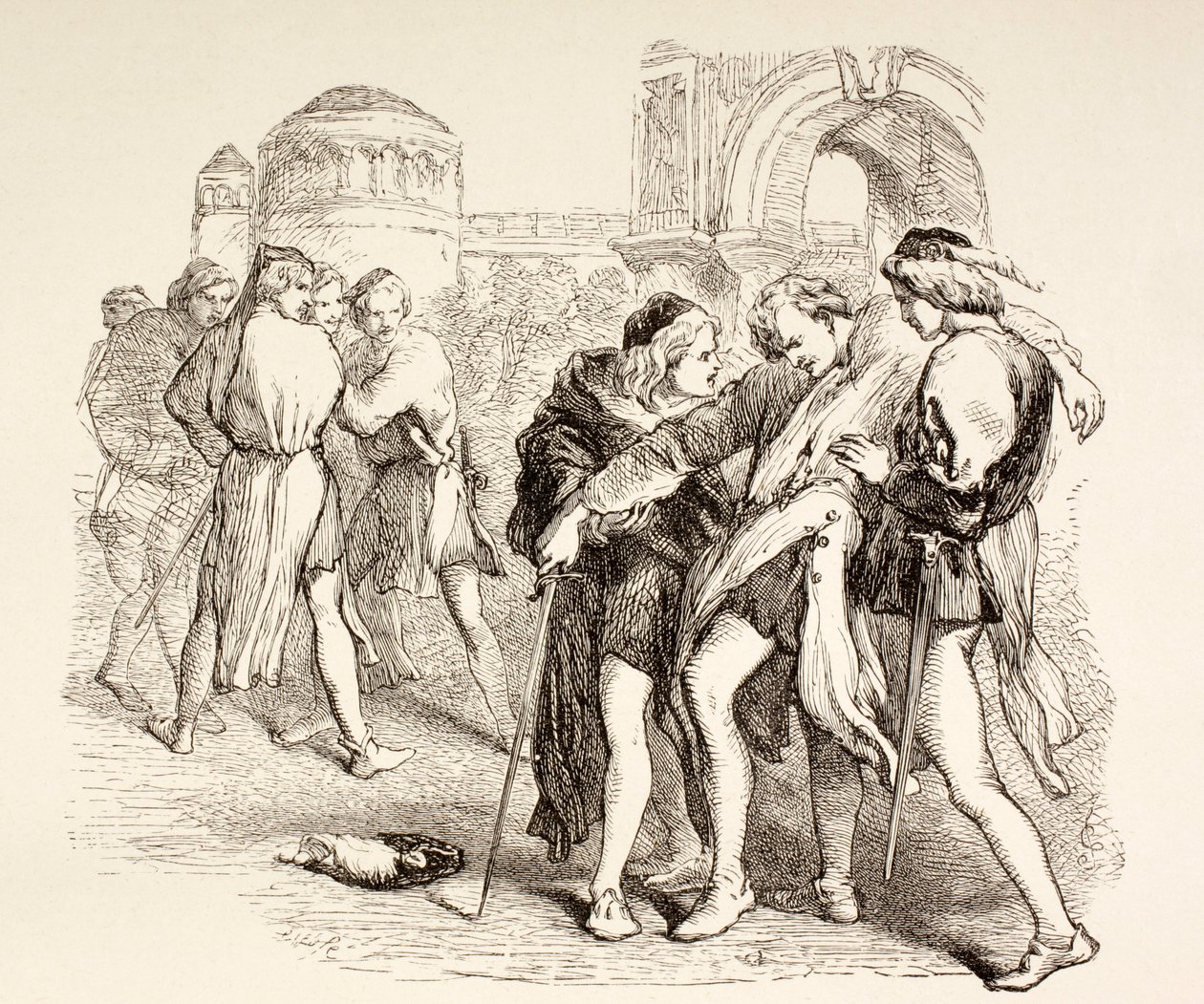 Tybalt is fatally wounded by Romeo, illustration from Romeo and Juliet, from 