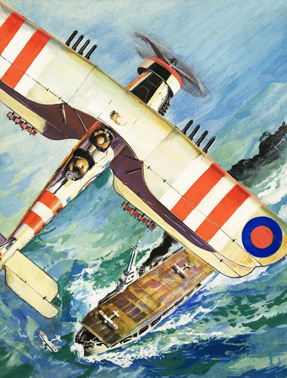 Unidentified Bi-Plane Flying Over an Aircraft Carrier by English School