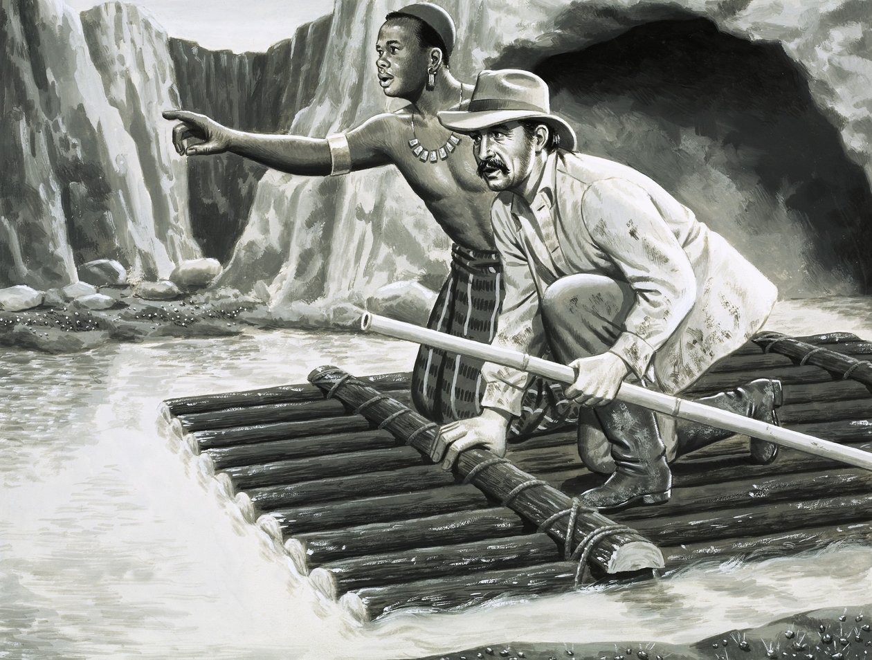 Unidentified man and native on raft by English School