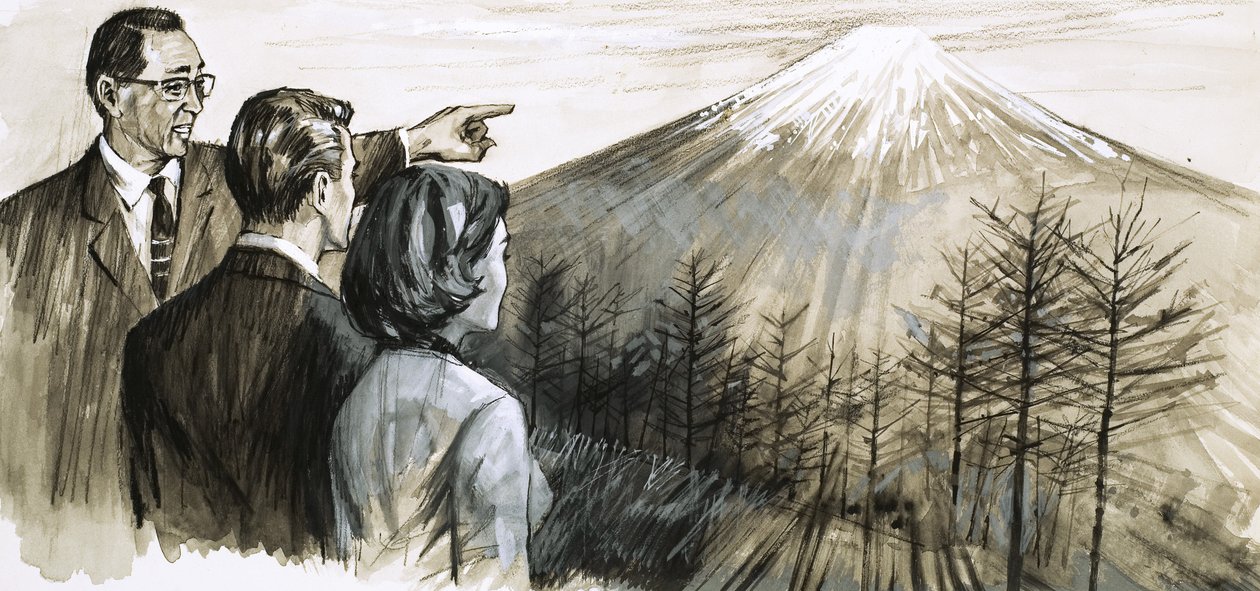 Unidentified man pointing at Mount Fuji in Japan by English School