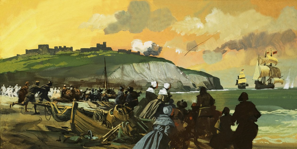 Unidentified Scene of Fortified Position on Land Firing at Sailing Ships with Crowd and Rowing Boats in Foreground by English School