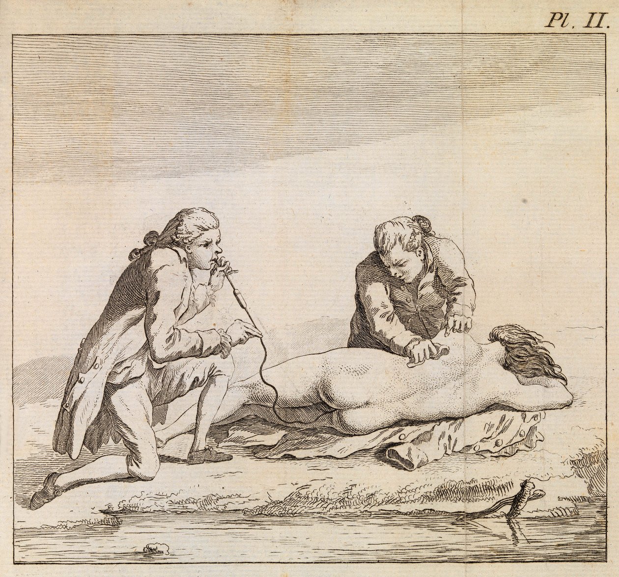 Using a Fumigator to Blow Tobacco Smoke into the Bowels of Drowned Woman to Aid Resuscitation, c.1790 by English School