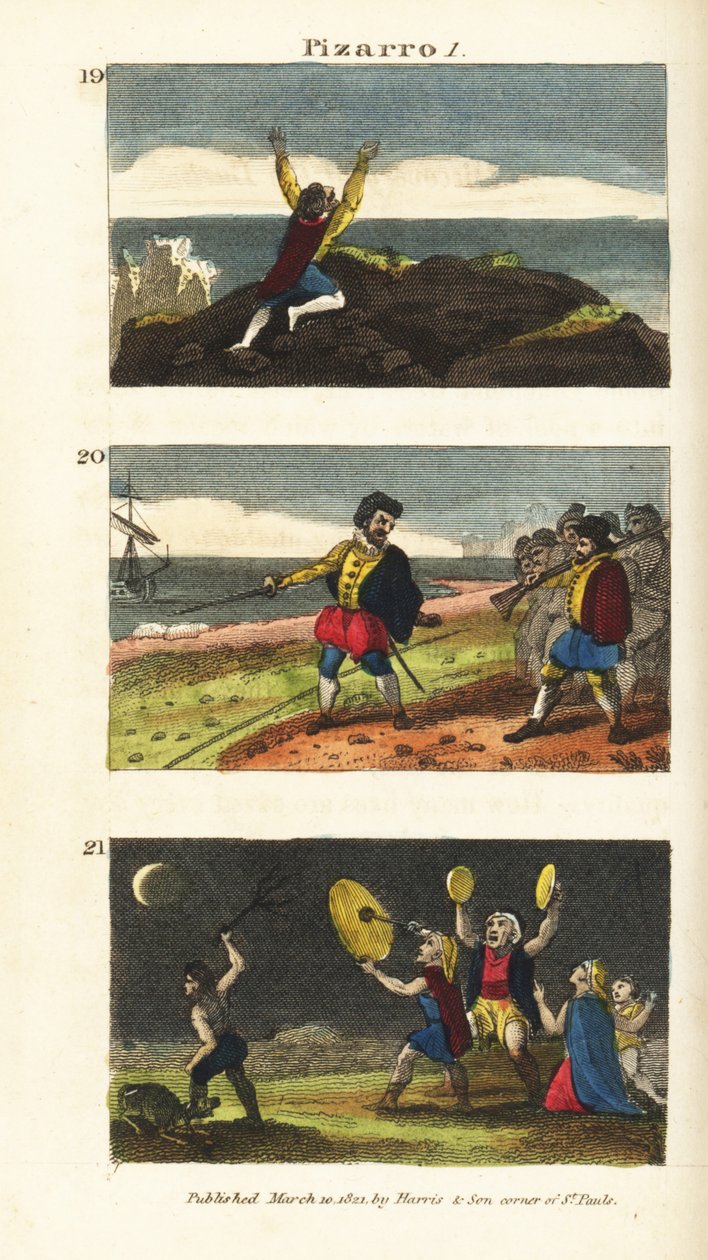 Vasco Nunez de Balboa Reaching the Pacific, Francisco Pizarro Separating His Men by a Line in the Sand on the Isle of Gallo, and Peruvians Afraid of a Lunar Eclipse by English School