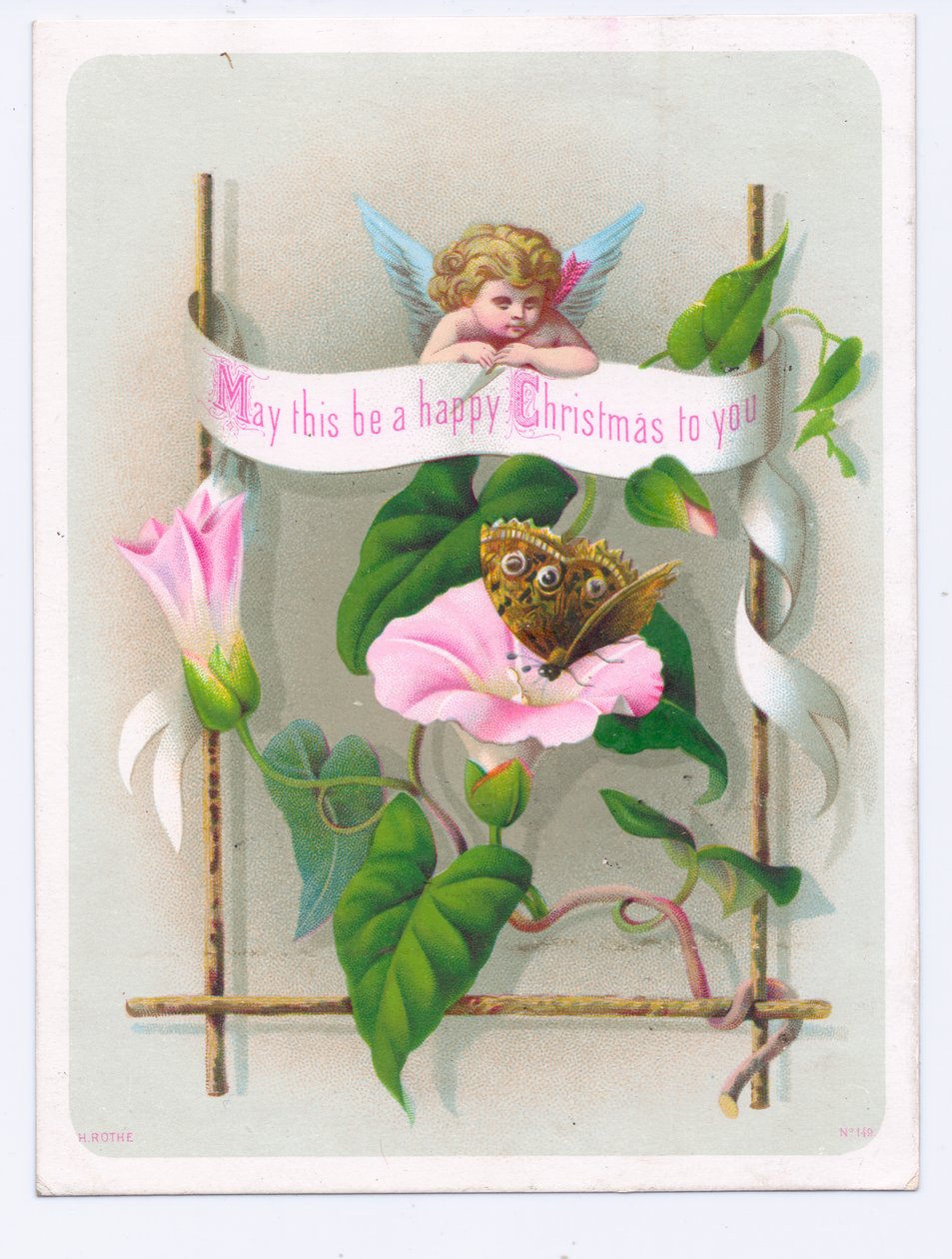 Victorian Christmas Card of a Cupid Gazing at a Butterfly on a Pink Flower, c.1880 by English School