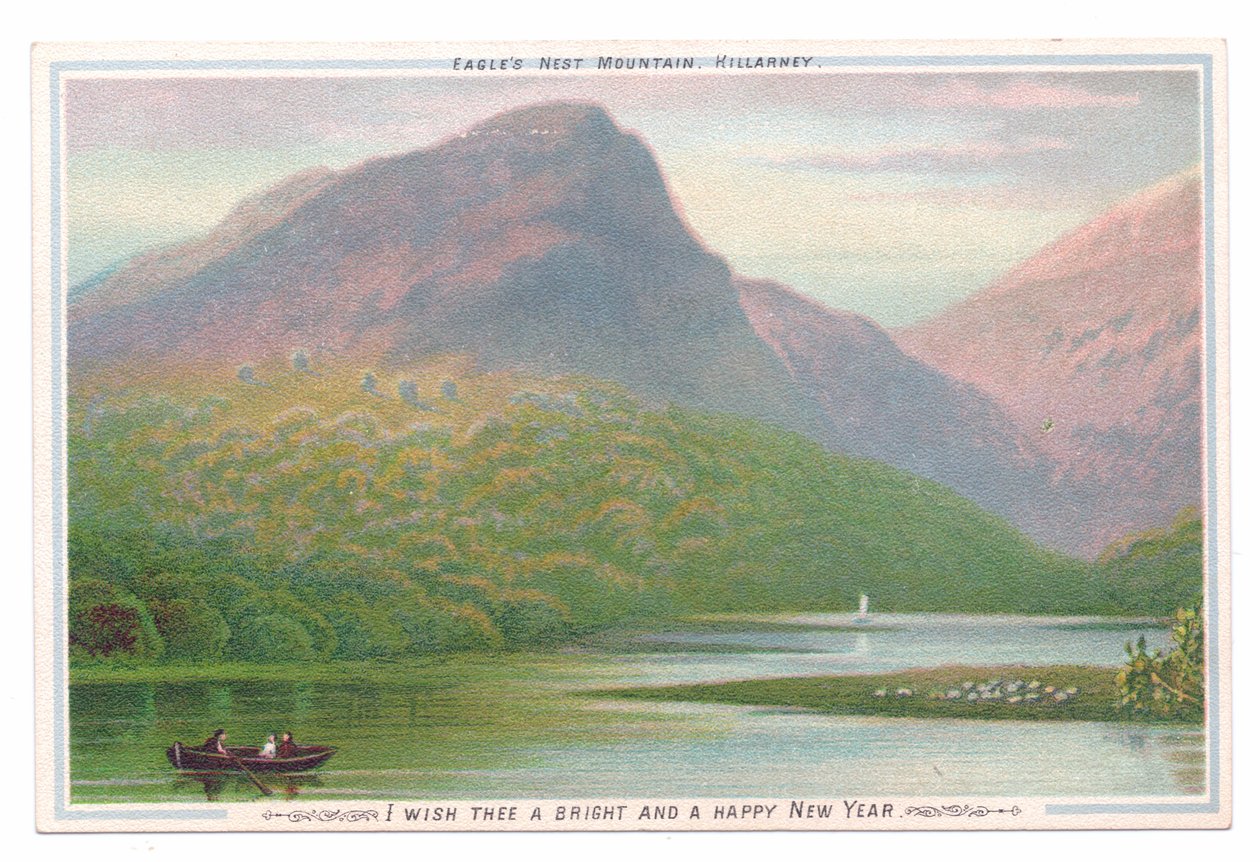 Victorian New Year Card of Three People in a Rowboat on a Lake Near Forests and Mountains, c.1880 by English School