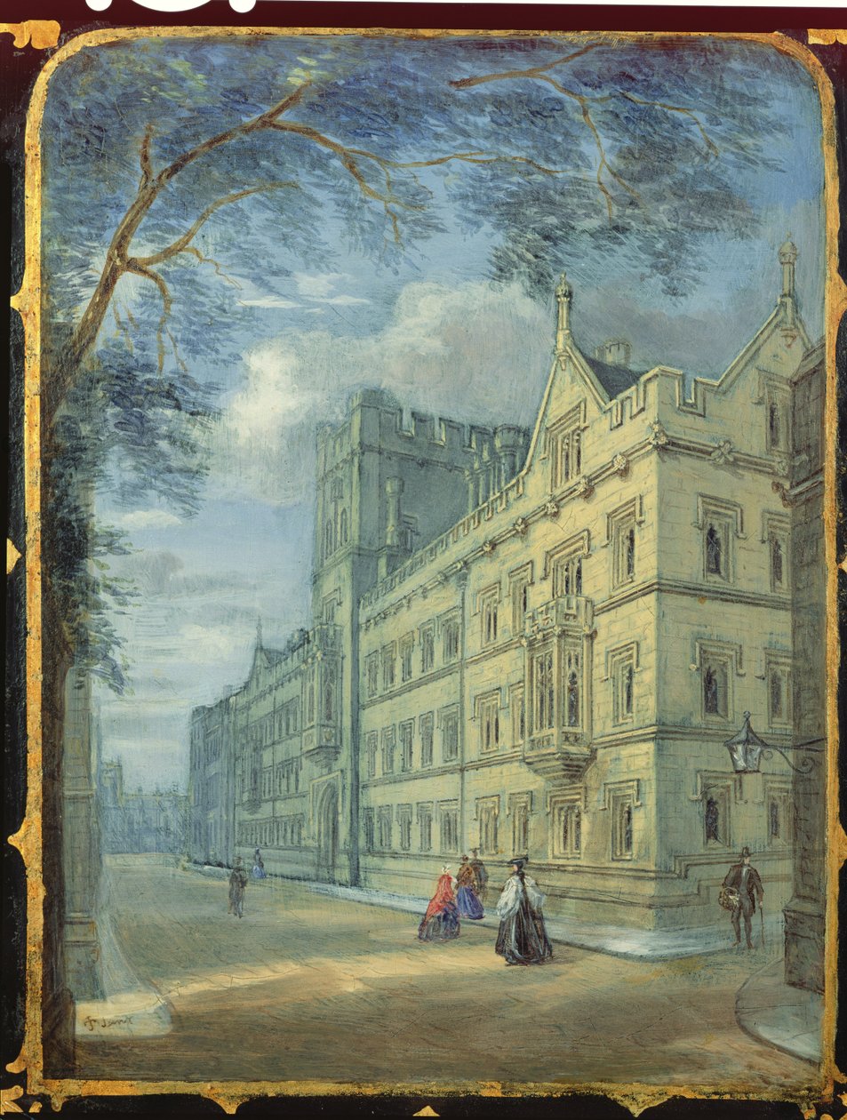Victorian Sewing Cabinet Panel Decorated with a Scene of Exeter College, Oxford by English School