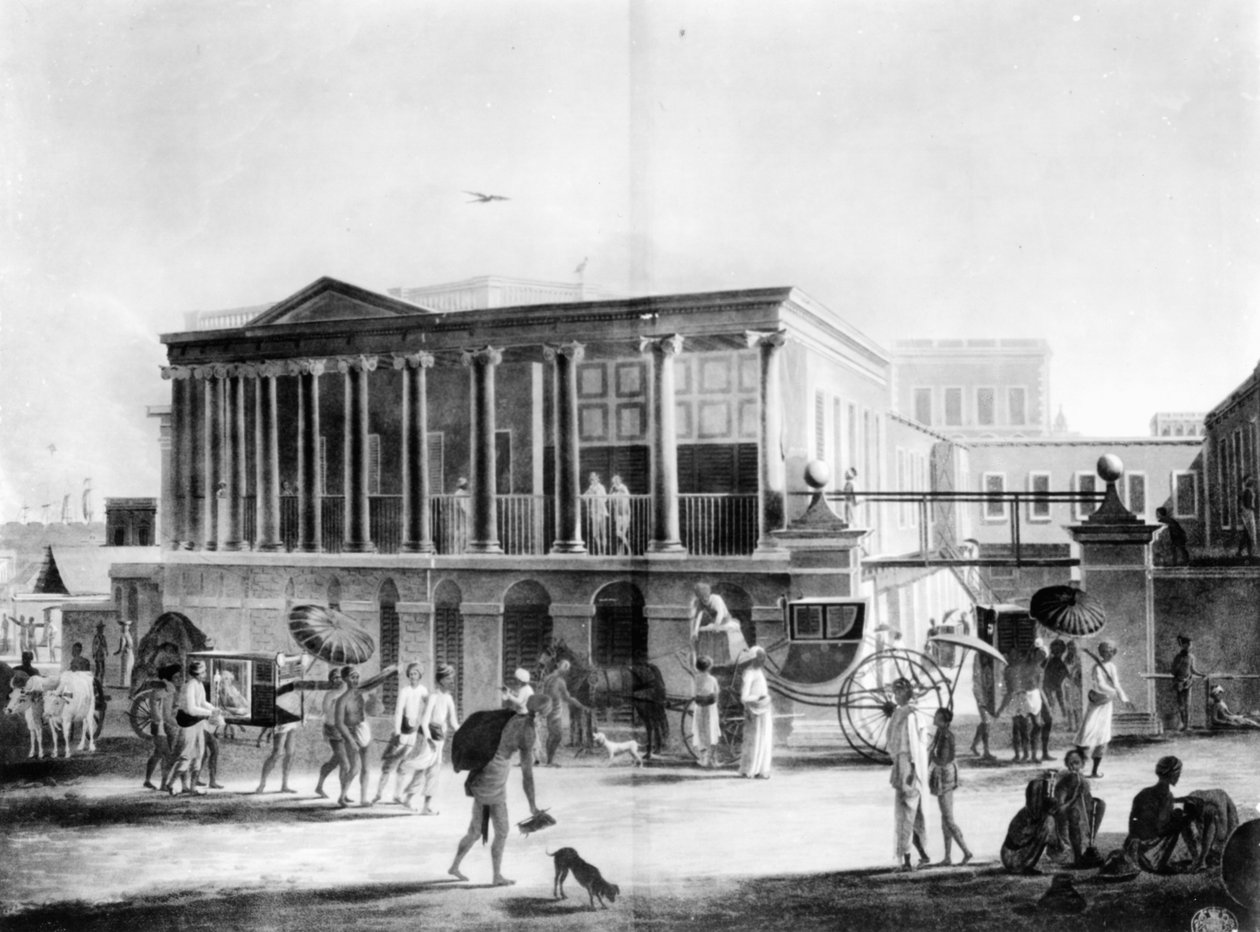View of a House, Manufactory, and Bazaar, in Calcutta, engraved by Francis Jukes by English School