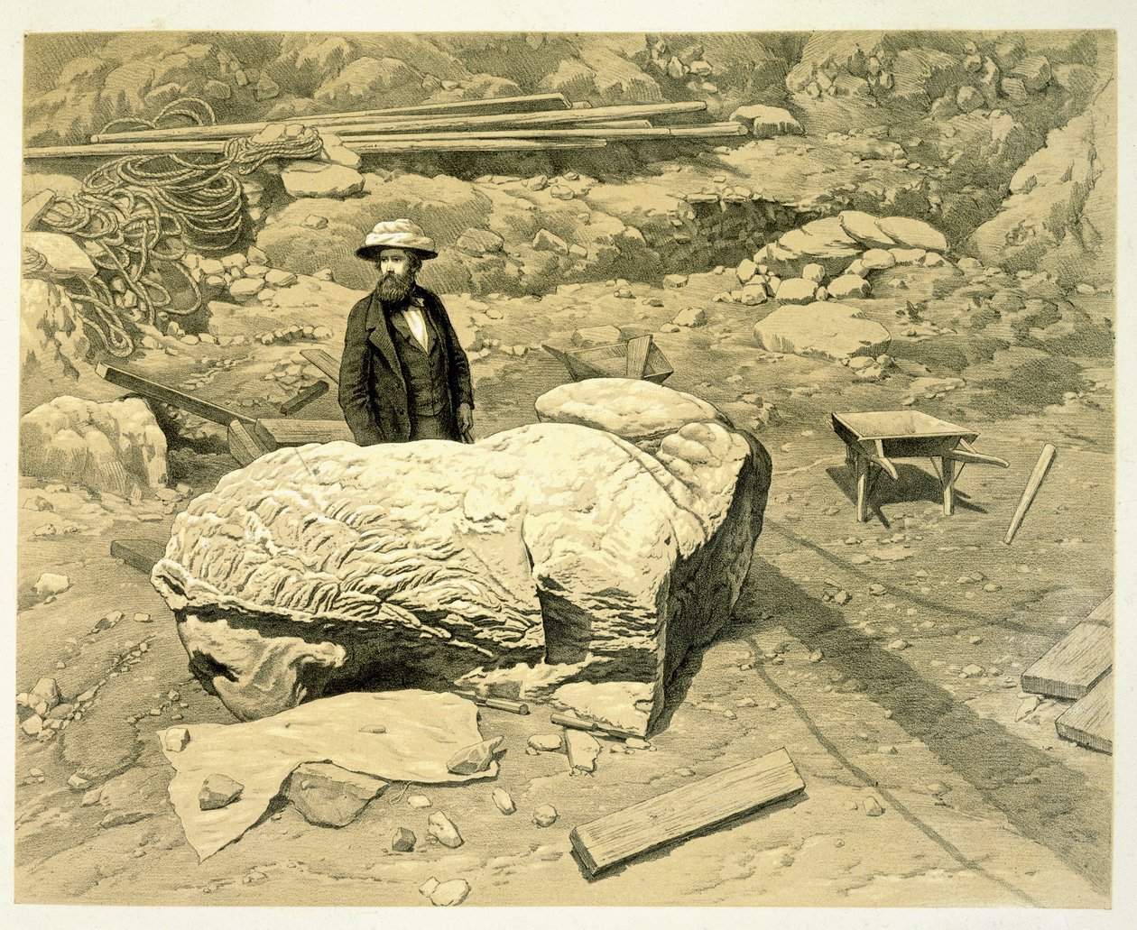View of a colossal lion on its side, with Newton behind, from A History of Discoveries at Helicarnassus, Cnidus, & Branchidae, by Charles Thomas Newton, published 1862 by English School