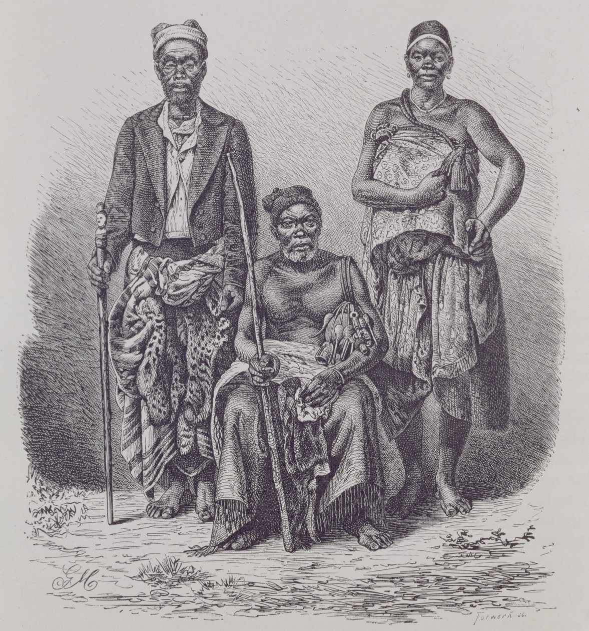 Village chief of the Loango Coast, with wife and dignitary, engraved from a photograph by Dr. Falkenstein, from 