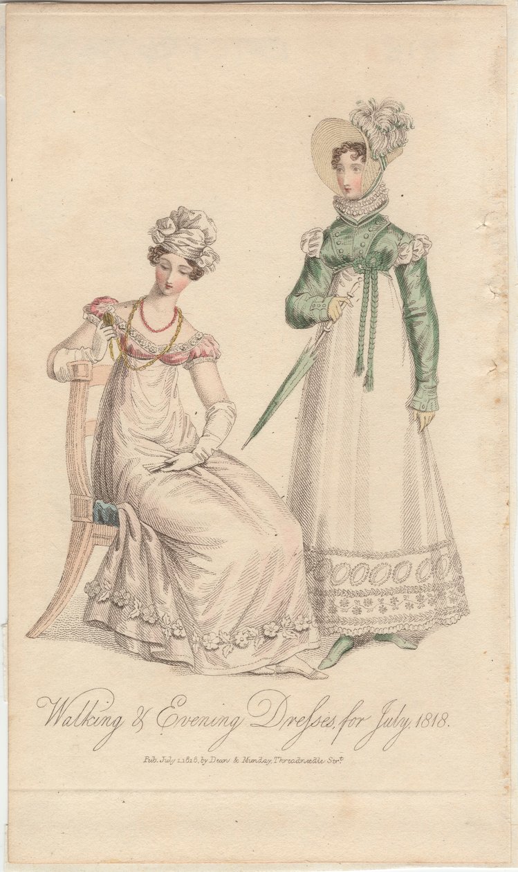 Walking and Evening Dresses for July 1818, published by Dean & Munday by English School