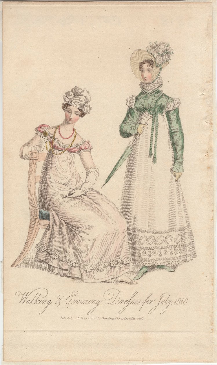Walking and evening dresses for July 1818 by English School