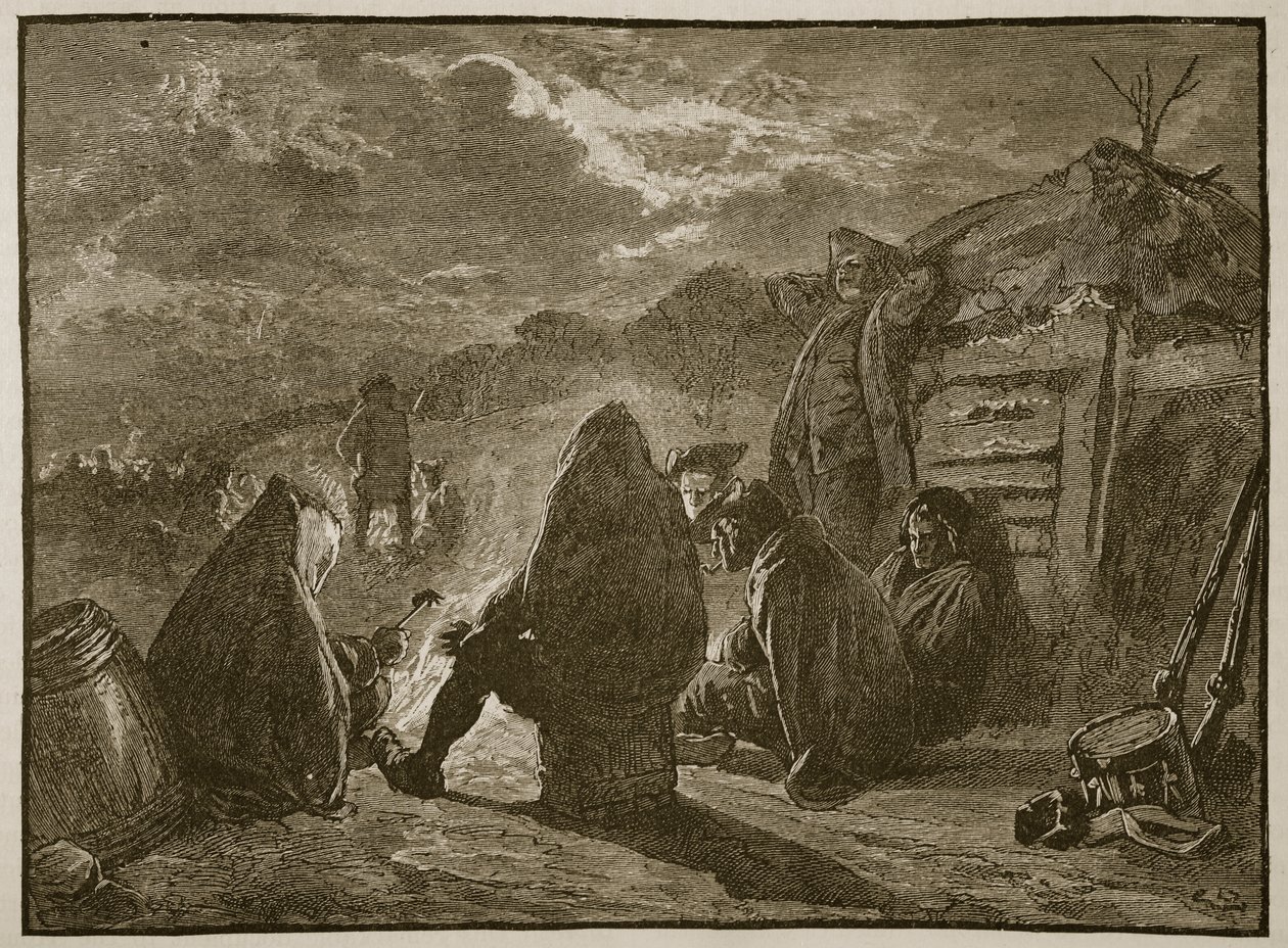 Washington by the camp fire at Valley Forge, illustration from Cassell