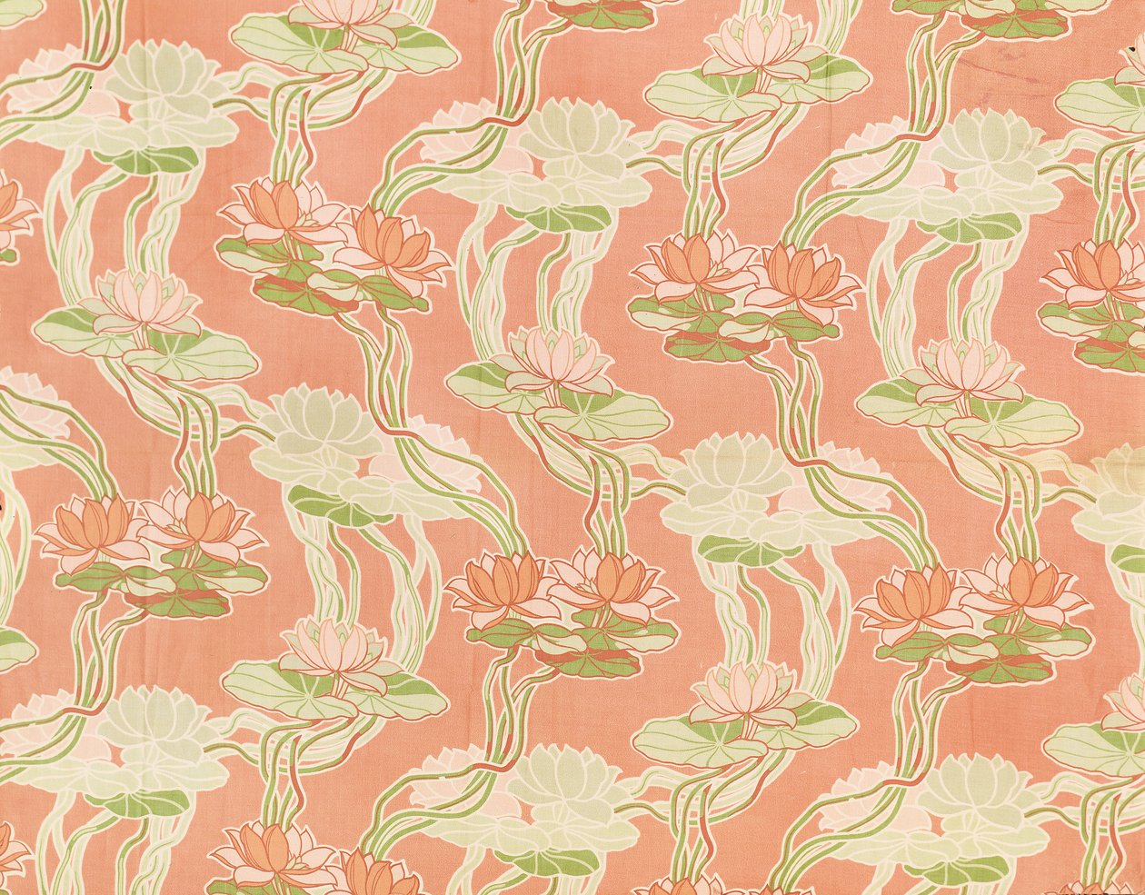 Water lilies on a coral background, textile design by English School