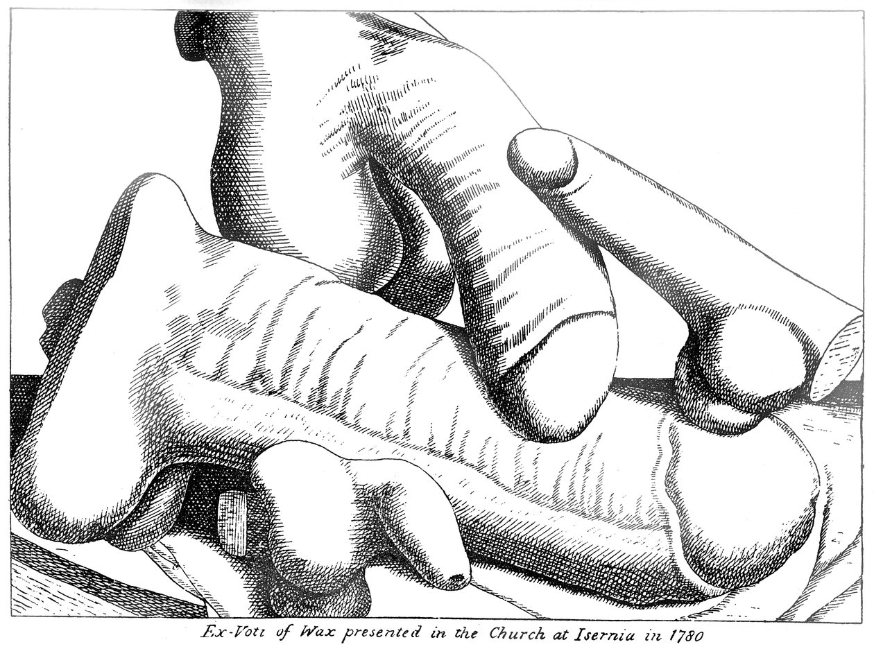 Wax ex-votos of the male penis from Isernia in the Molise region of Southern Italy by English School
