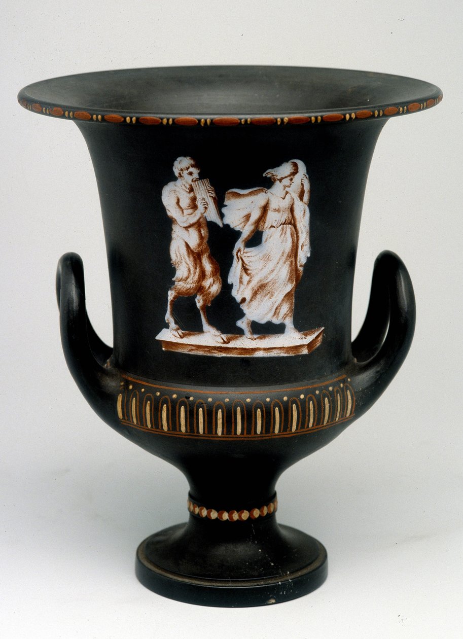 Wedgwood vase depicting a young girl and a black ceramic satyr painted 