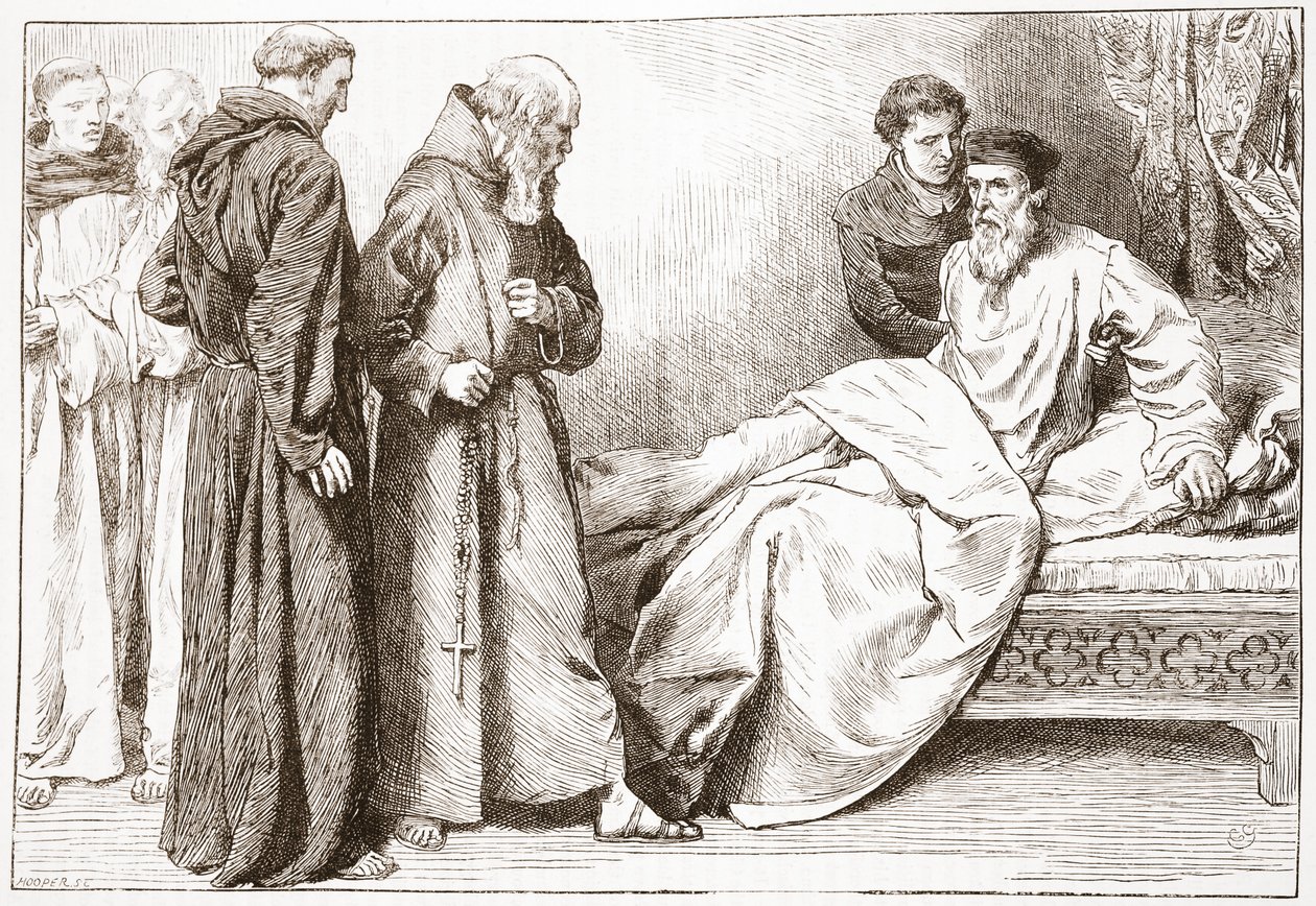 Wicliffe and the monks: scene in the bed-chamber, illustration from The History of Protestantism by James Aitken Wylie, 1878 by English School