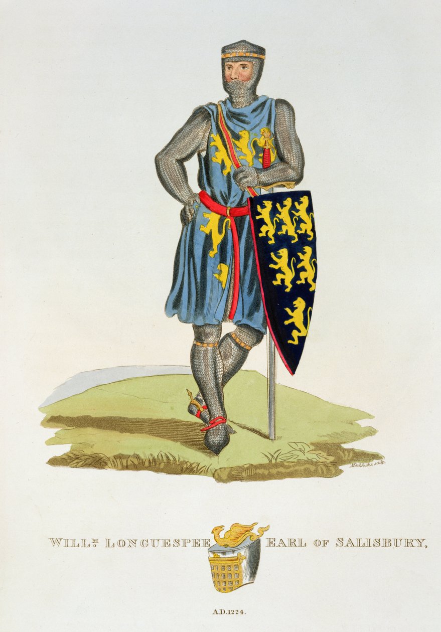 William de Longuespee, 3rd Earl of Salisbury (d.1226) 1224, engraved by W. Maddocks, from Ancient Armour by Samuel Rush Meyrick, 1824 by English School