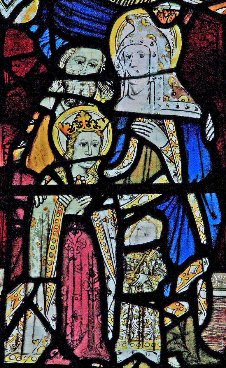Window Ew depicting St Anne, Joachim, the Virgin Mary and the Christ Child by English School