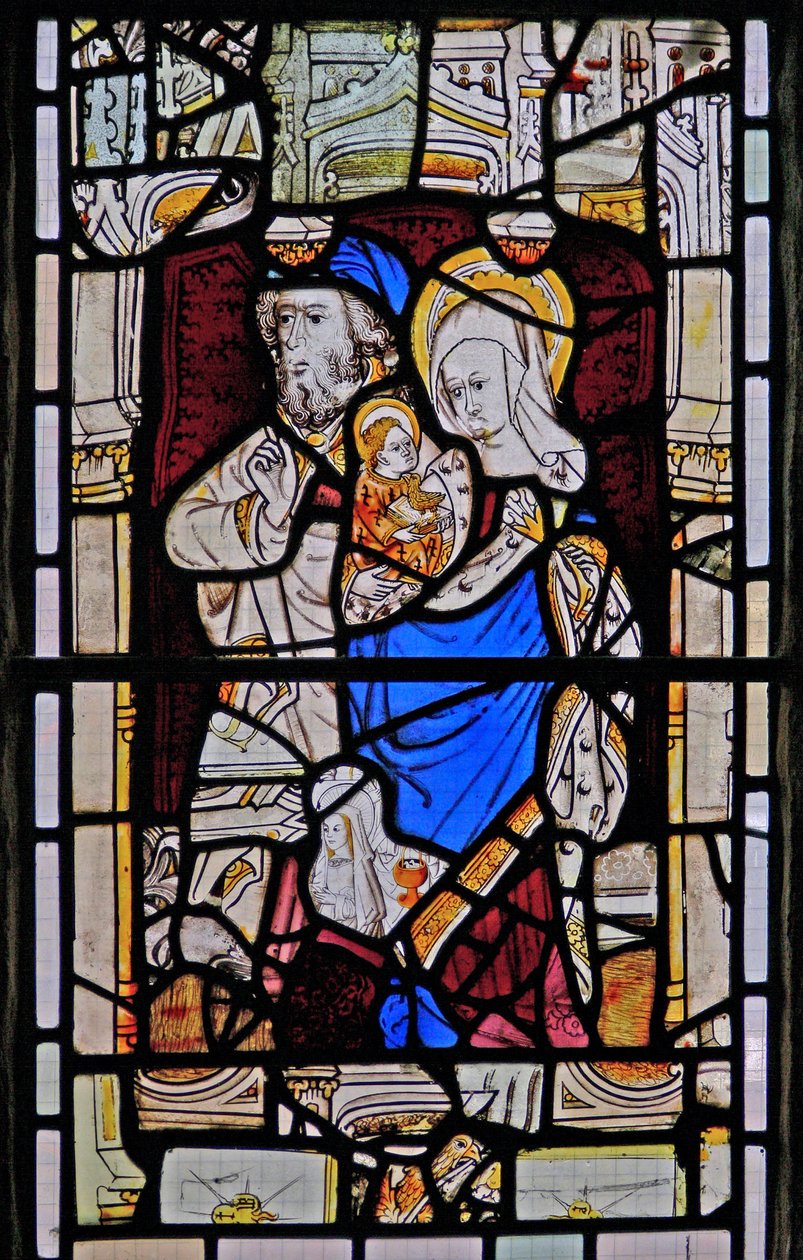 Window Ew depicting St Anne, Joachim, the Virgin Mary and the Christ Child by English School