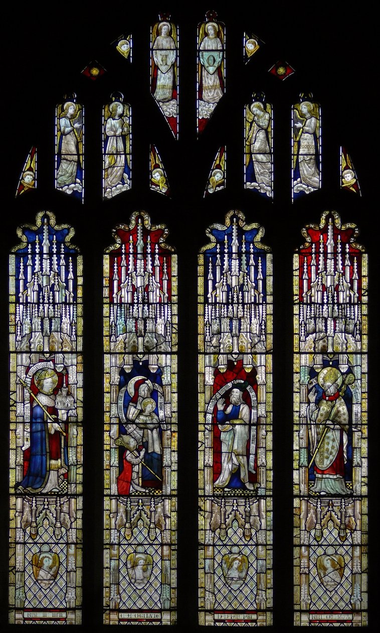 Window Ew depicting the east window: glass here originally came from the church at Stretton Sugwas by English School