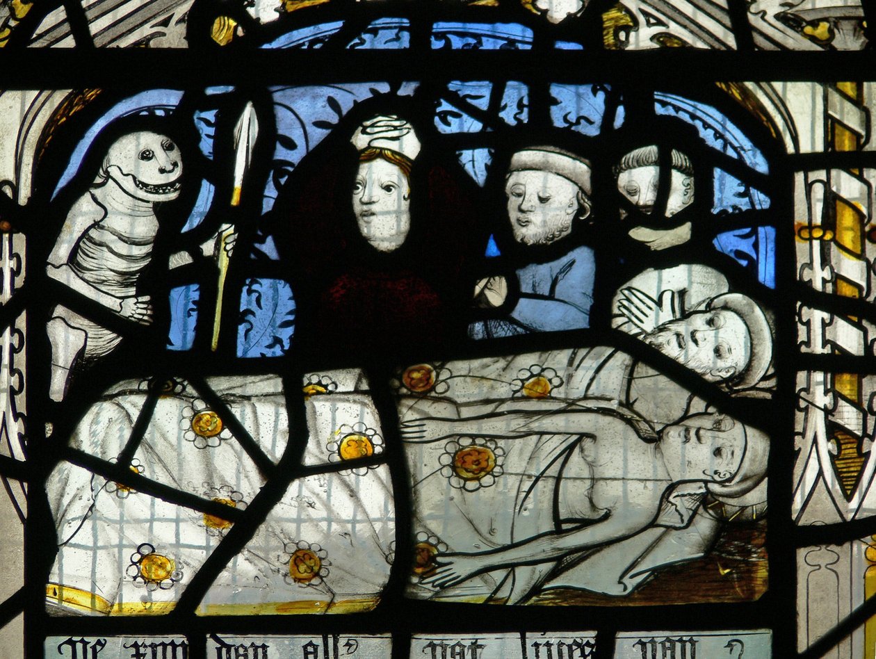 Window N3 depicting the Last Fifteen Days of the World (the Pryke of Conscience window): Death visits everyone by English School