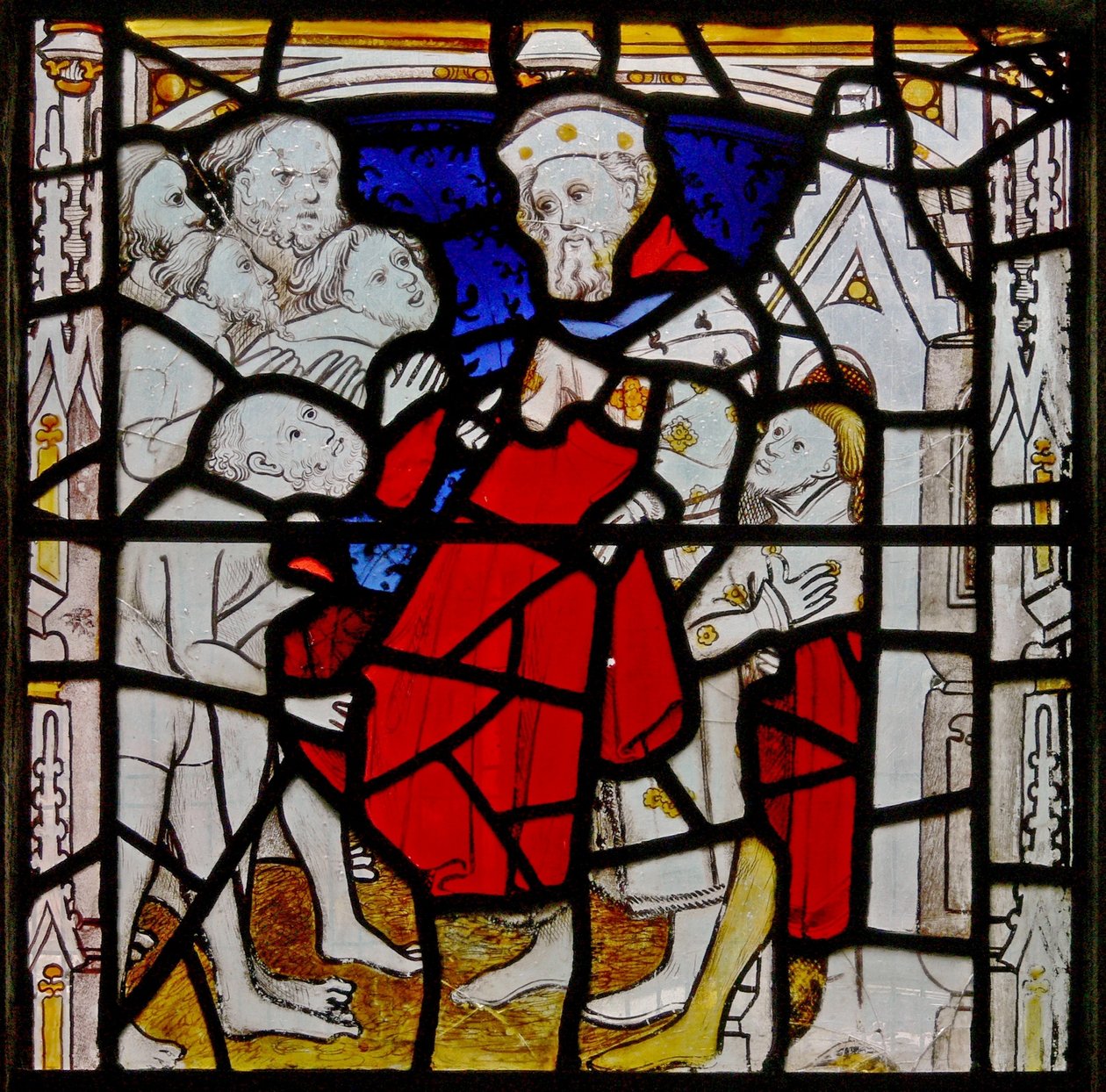 Window N4 depicting the Works of Mercy: clothing the naked by English School