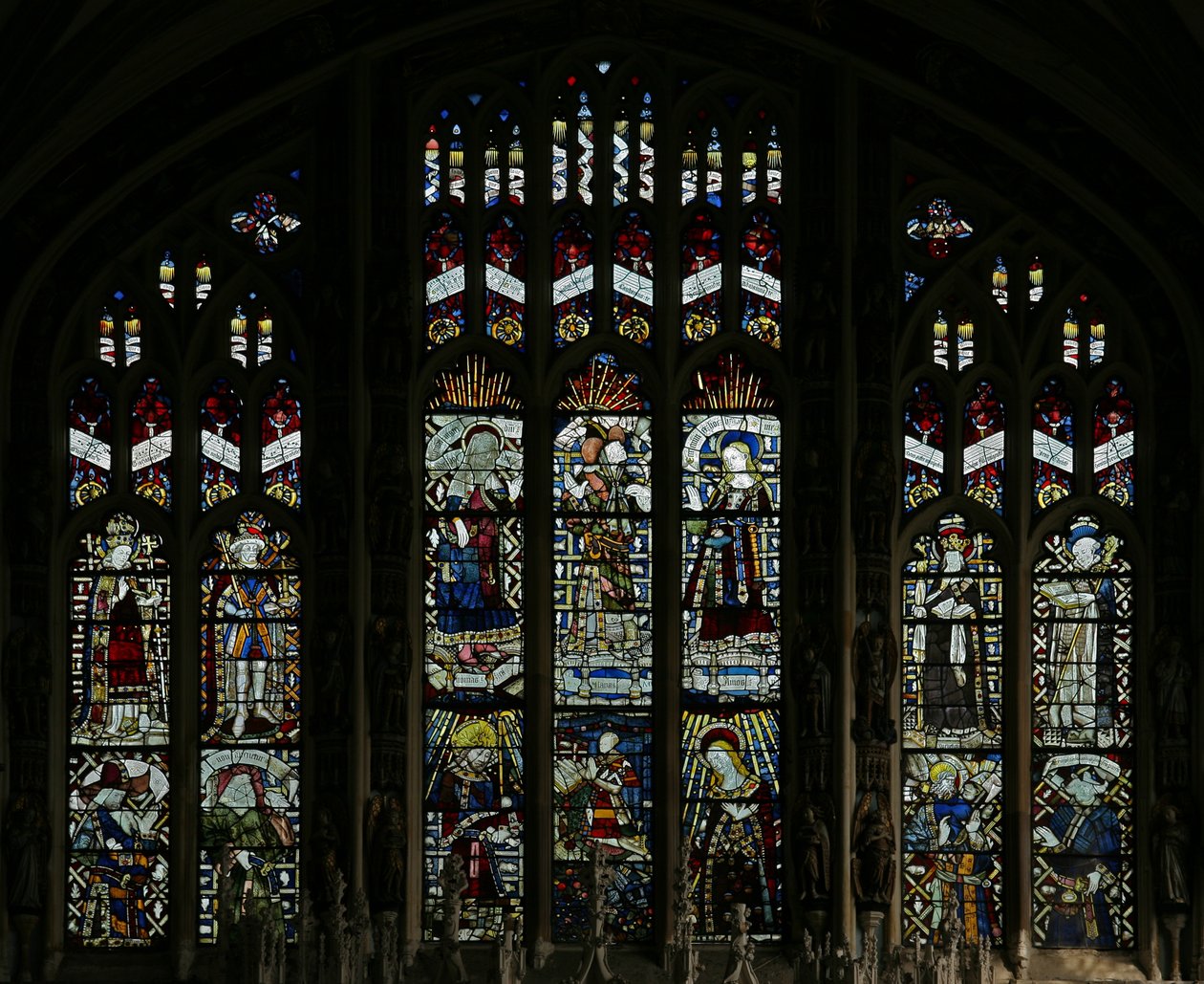 Window depicting the east window of the Beauchamp Chapel; it was vandalised by the Puritans in 1643, but has been very skillfully restored, with certain figures being reconstituted from fragments by English School
