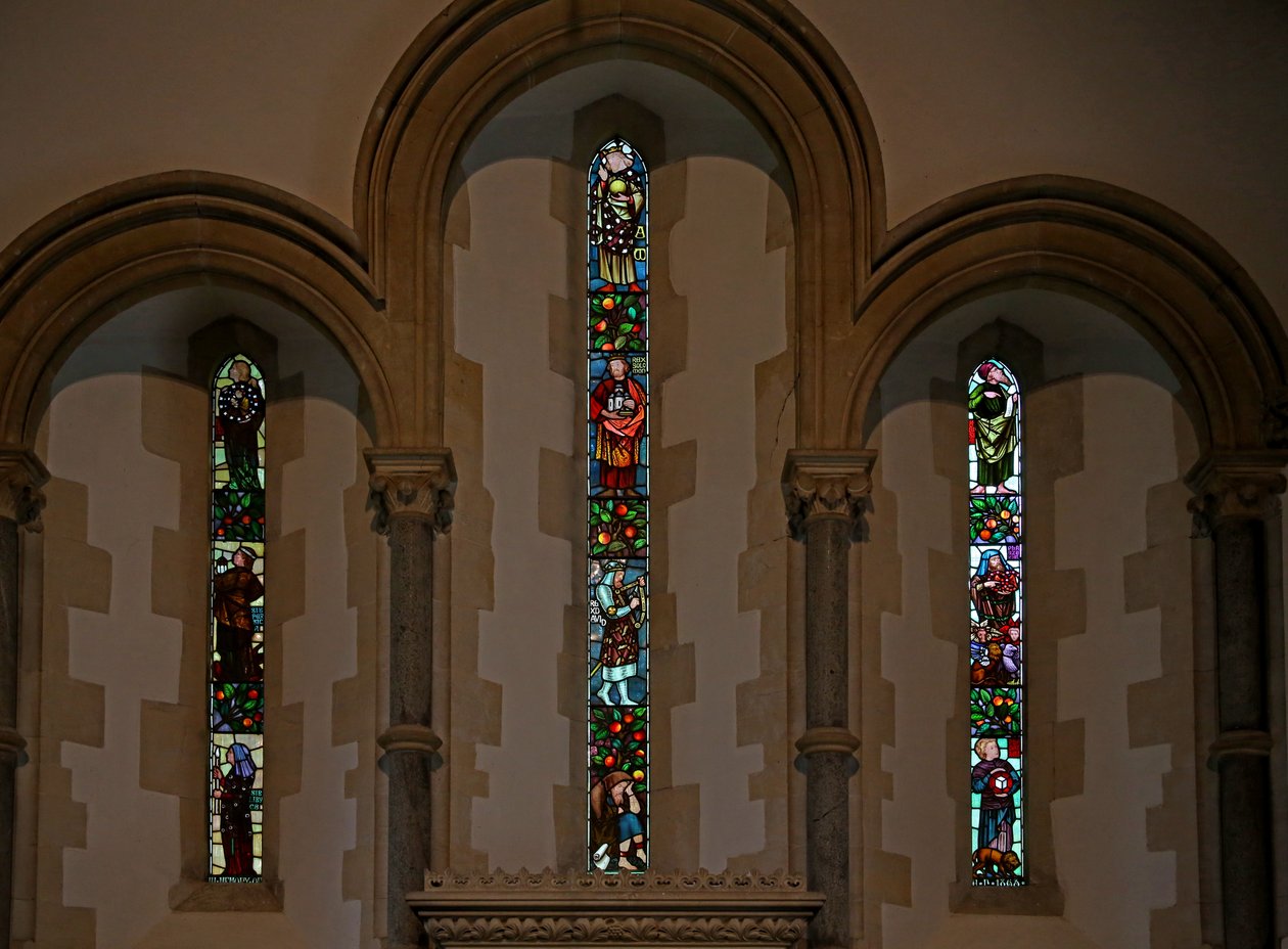 Window depicting the east window with lancets by Fred Weekes and Gualbert Saunders by English School