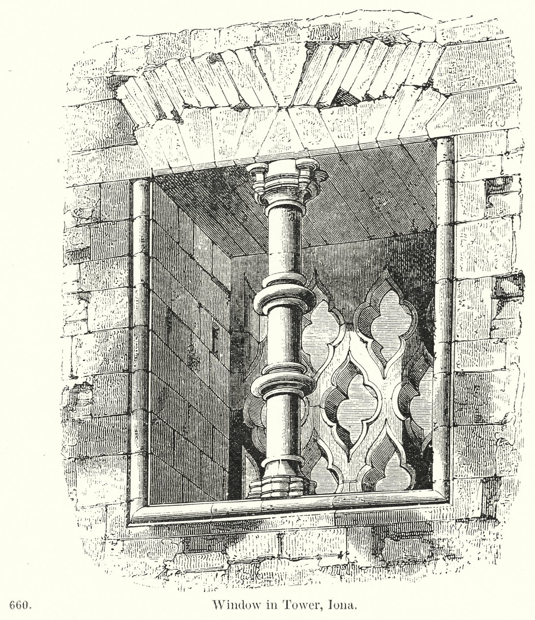 Window in Tower, Iona (engraving) by English School