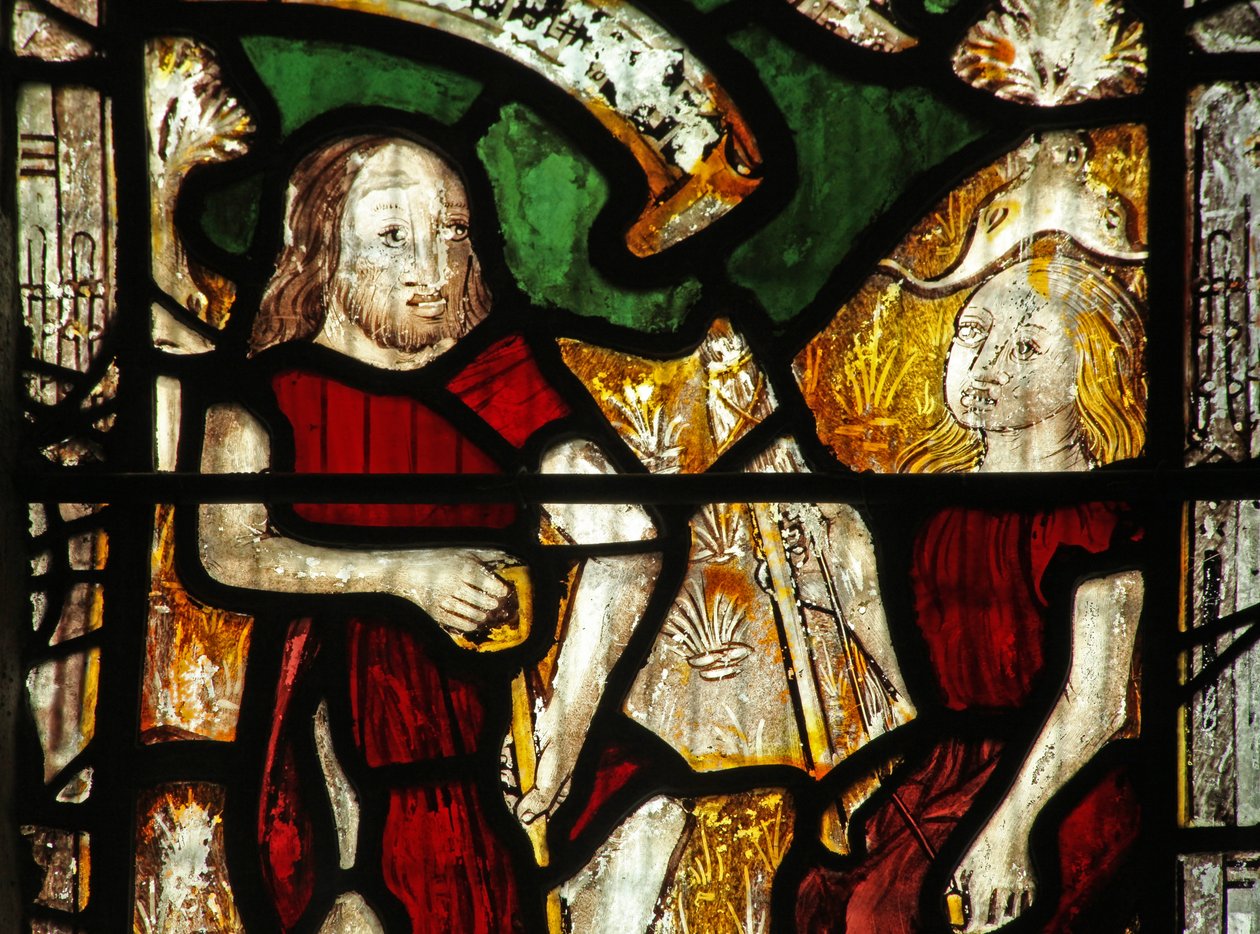 Window 1 depicting Adam delves while Eve spins by English School