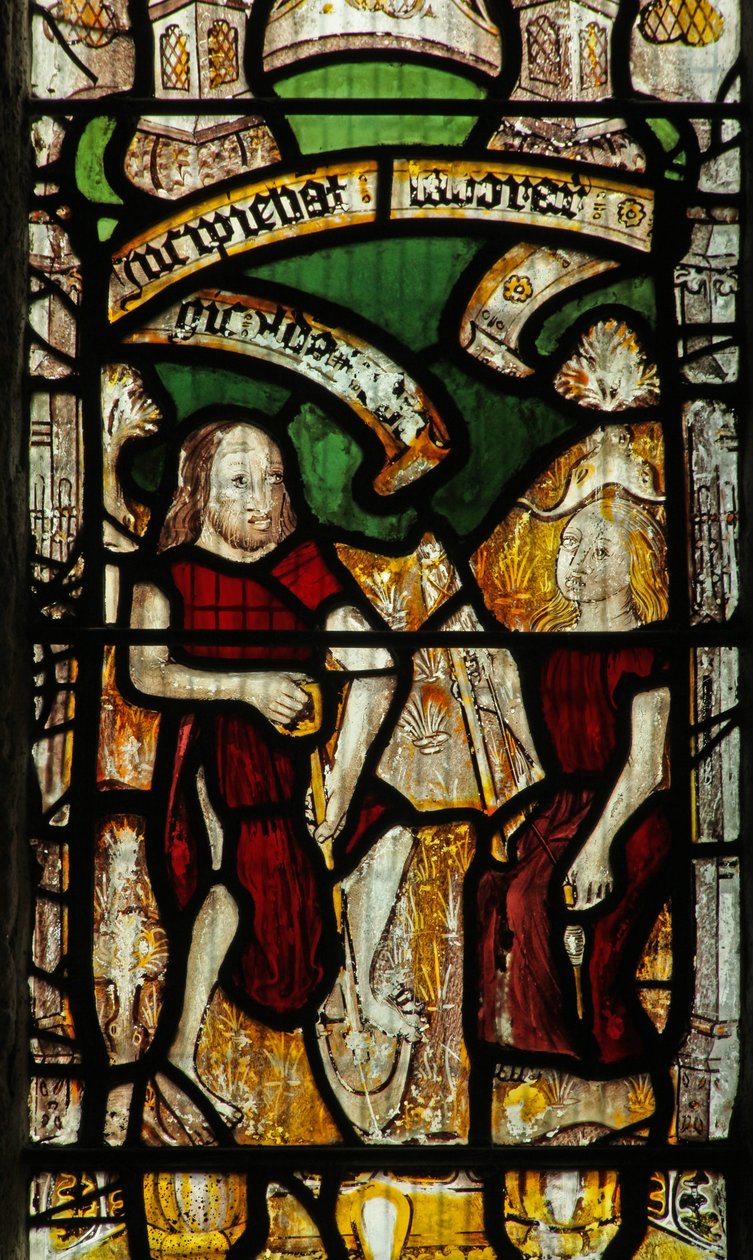 Window 1 depicting Adam delves while Eve spins by English School