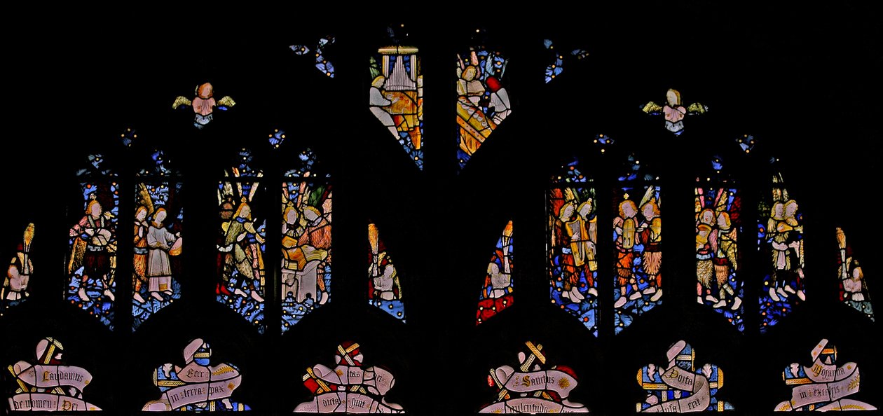 Window depicting angels with musical instruments by English School