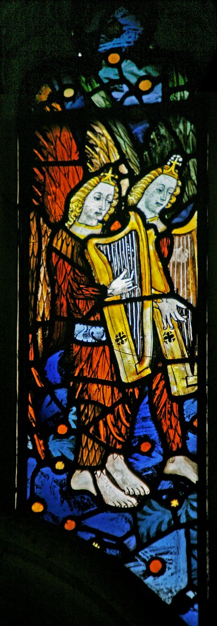 Window depicting musician angels with harps by English School