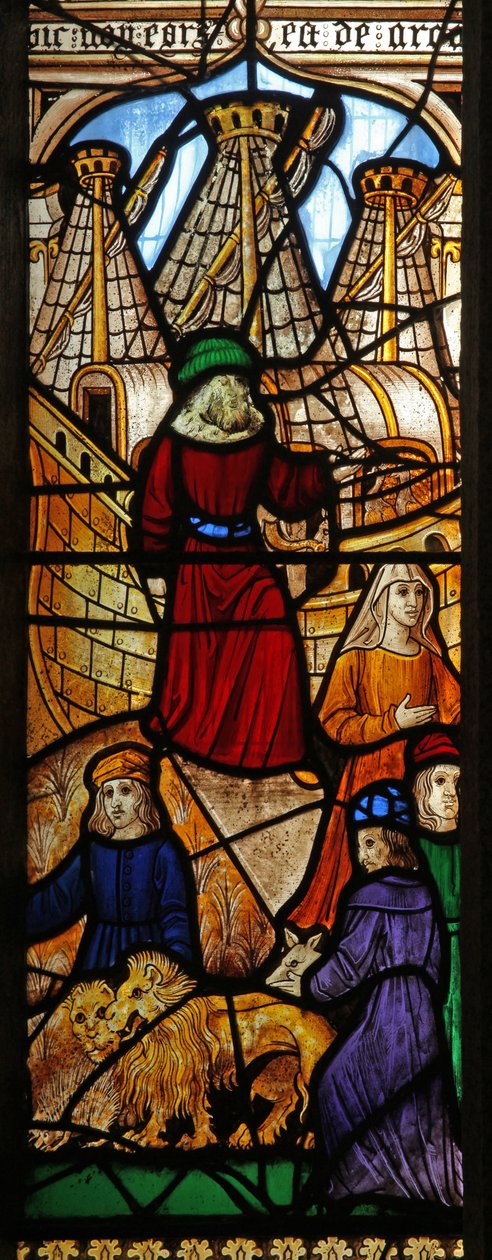 Window 2 depicting the Noah's Ark story: loading of the Ark