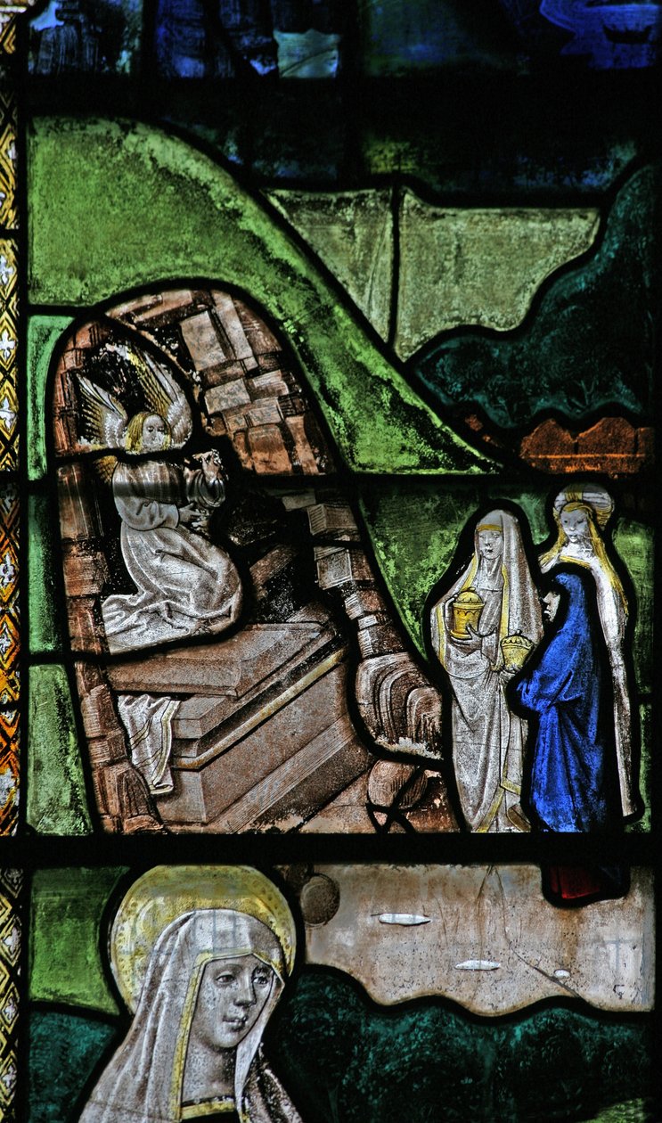 Window s3 depicting a Resurrection scene: the Holy Women at the Tomb by English School