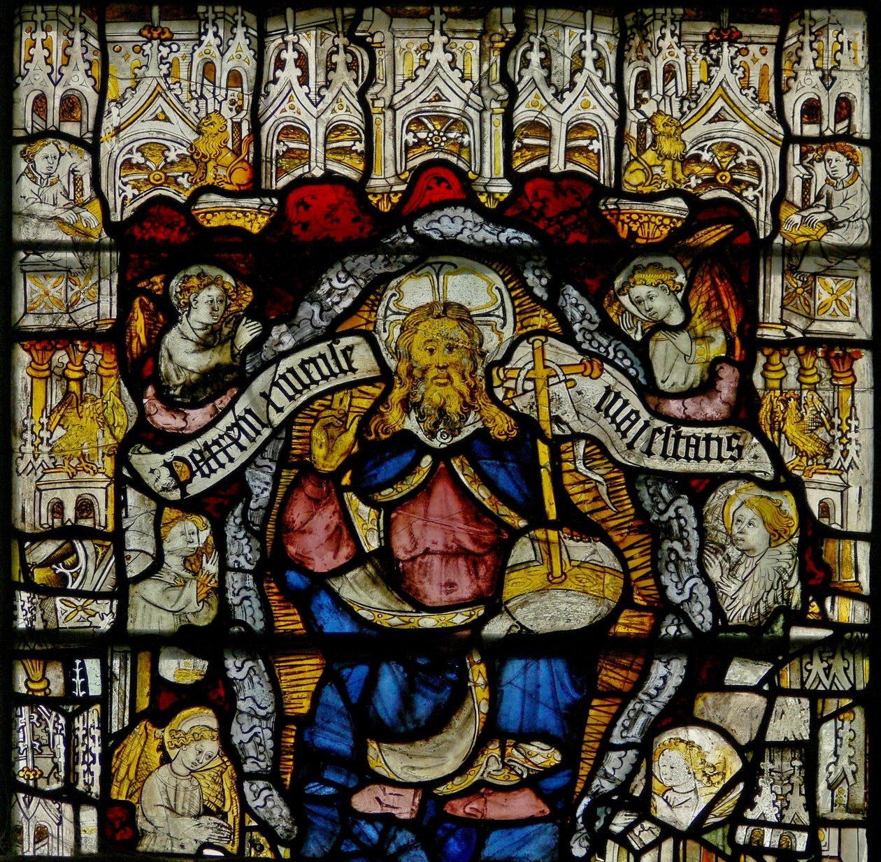 Window w24 depicting the Te Deum: God and angels by English School