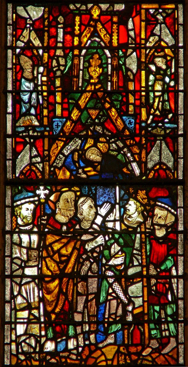 Window w26 depicting St Nicholas pleads with the Emperor