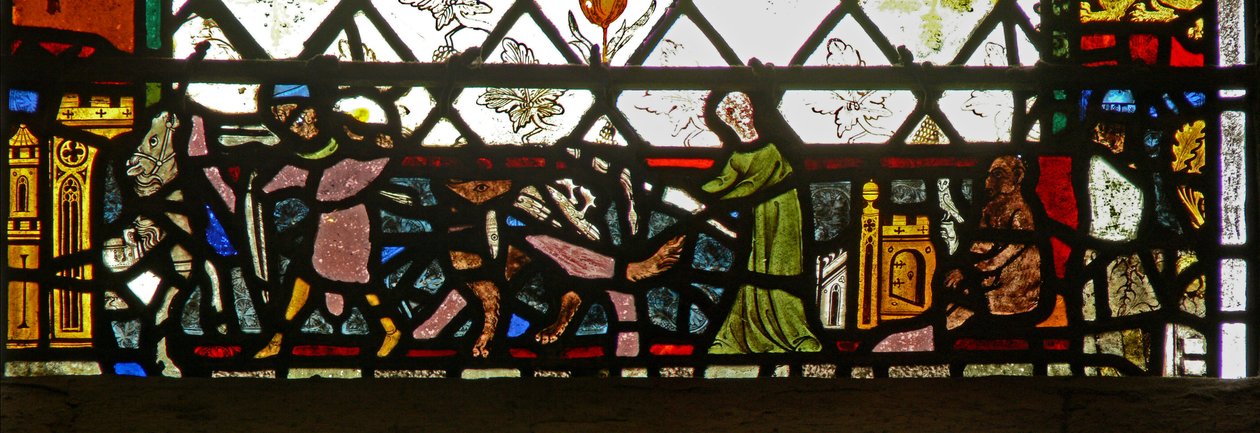 Window w40 depicting a border panel with animals and people by English School
