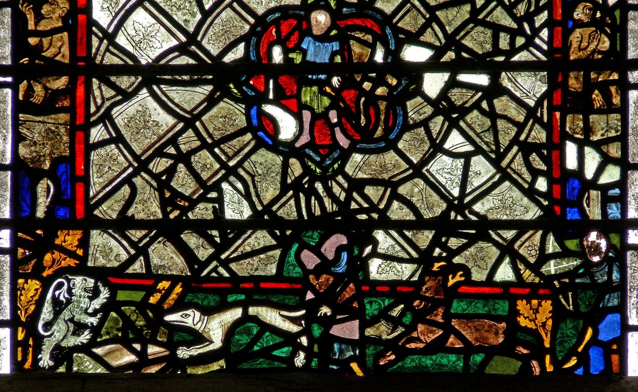 Window w40 depicting a border panel with stag chasing